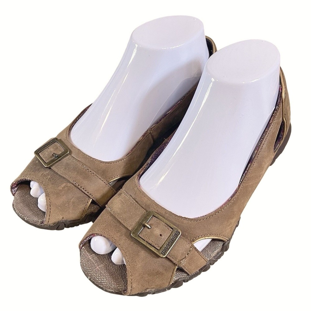 Y2K Skechers Original Bikers Womens 8 Peep Toe Slip On Brown Mary Jane Buckle
